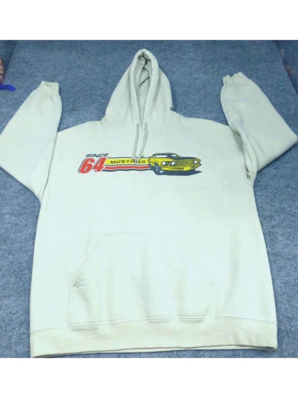 Ford Mustang Hoodie Beige Since 64 Sports Car Graphic Front & Back Mens M Cotton